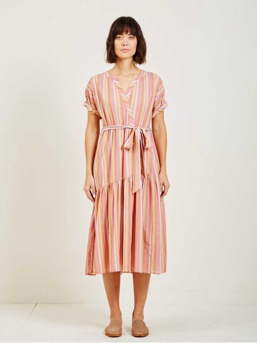 Xirena drue dress Striped Pink Peach asymmetrical Dress Waist tie mirth doen alc